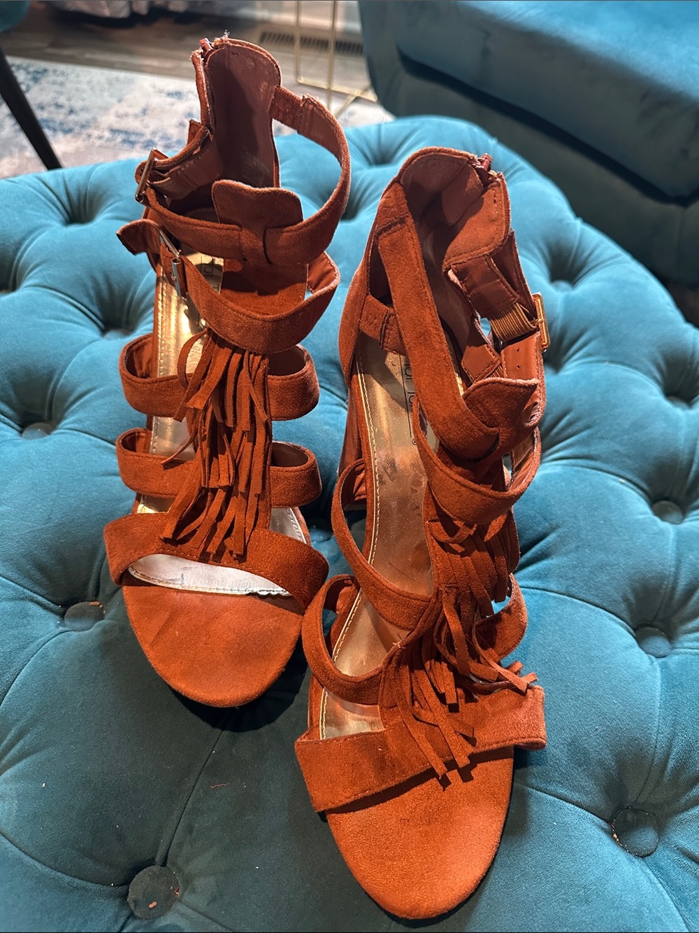 Hot Tomato Rust Suede Fringe Strappy Heels - Women